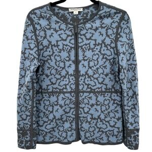 Pendleton Petite‎ Blue Gray Wool Floral Knit Zip Up Cardigan Sweater Women's Med